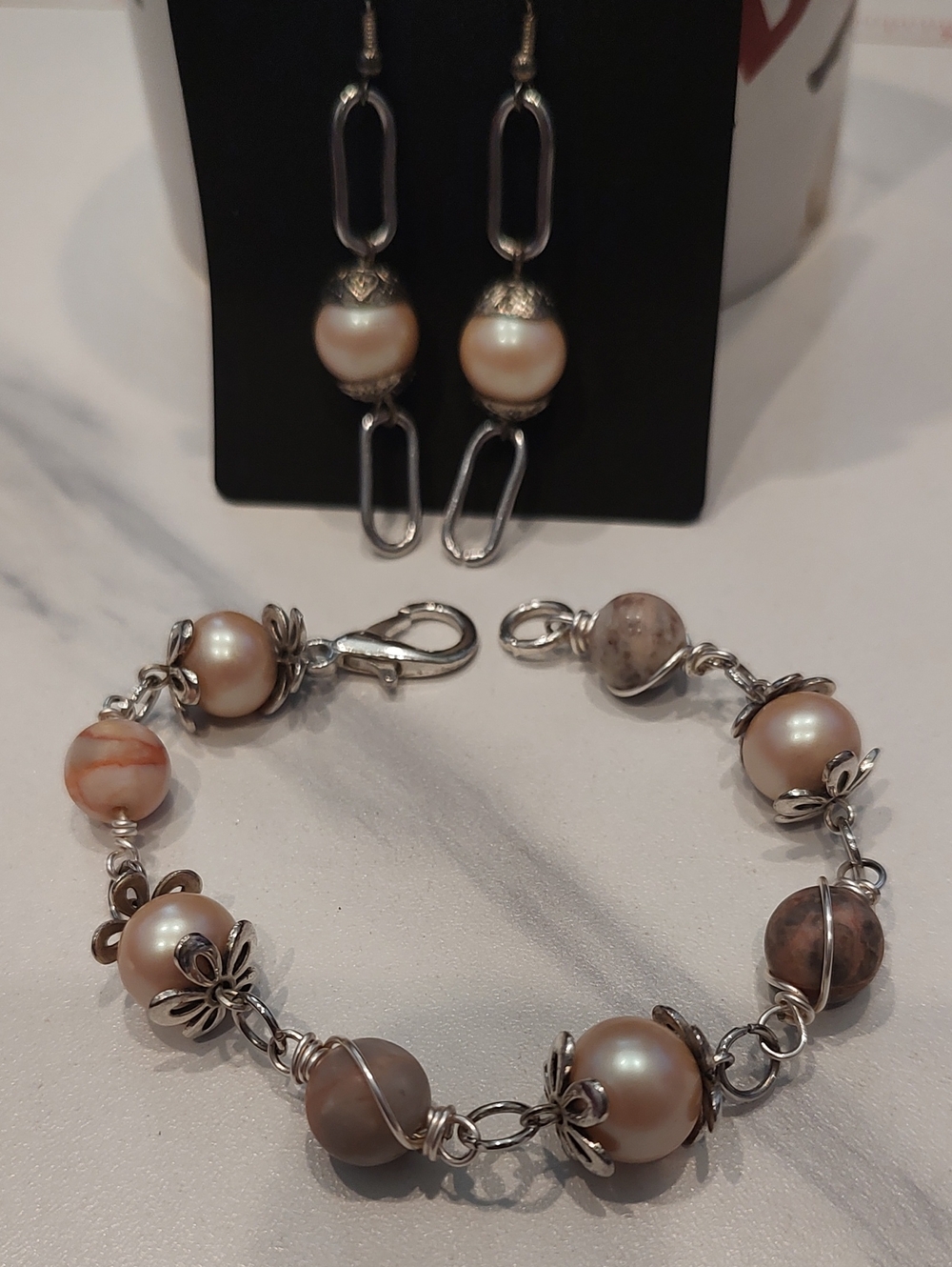 Pink Zebra Stone And Pearl Bracelet And Matching Pearl Earrings, Very Pretty!